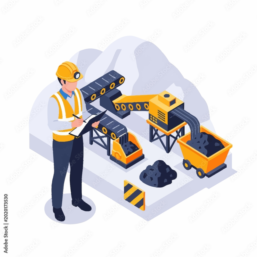 Naklejka premium Miner inspecting coal mining operation with conveyor belts and machinery.
