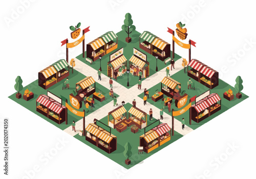 Isometric illustration of market stalls.