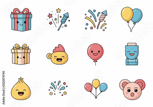 Bild auf Leinwand Colorful cartoon birthday celebration icons.