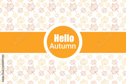 Hello Autumn Typography on Orange Banner with Seamless Maple Leaf Pattern Background