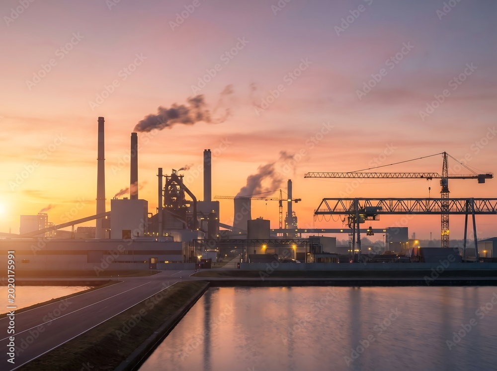 Obraz premium Industrial factory skyline with smokestacks emitting smoke, construction cranes, and metal structures silhouetted against a vibrant orange and purple sunset sky over a calm water canal