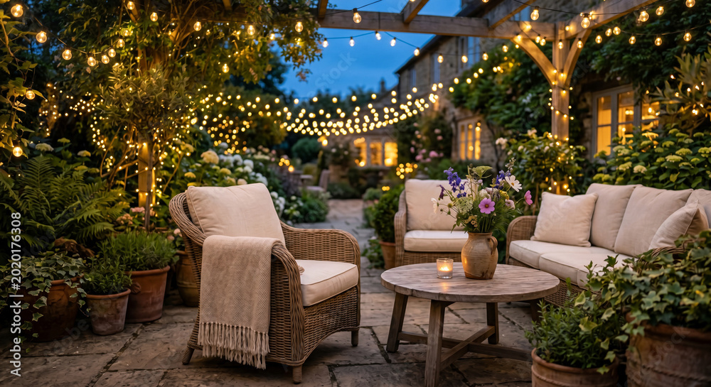 Obraz premium Cozy Outdoor Patio Seating With String Lights