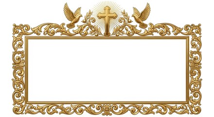 Ornate golden frame with Christian cross and dove. Religious decorative border for Easter celebration or baptism invitation. Vintage baroque style element for liturgical card design.