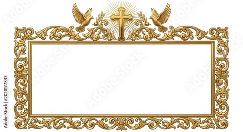 Ornate golden frame with Christian cross and dove. Religious decorative border for Easter celebration or baptism invitation. Vintage baroque style element for liturgical card design.