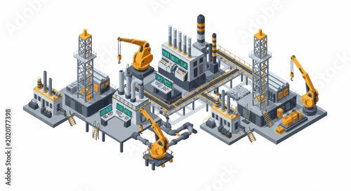 Tableau sur toile Modern industrial factory complex with robotic arms and towers.