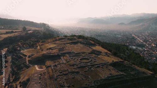 Aerial view of Sacsayhuamán, an ancient Inca archaeological site overlooking Cusco, Peru. Massive stone walls and terraces highlight the engineering of the Inca civilization.