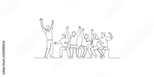 Fotografija A line drawing of a group of people sitting and standing with their arms raised