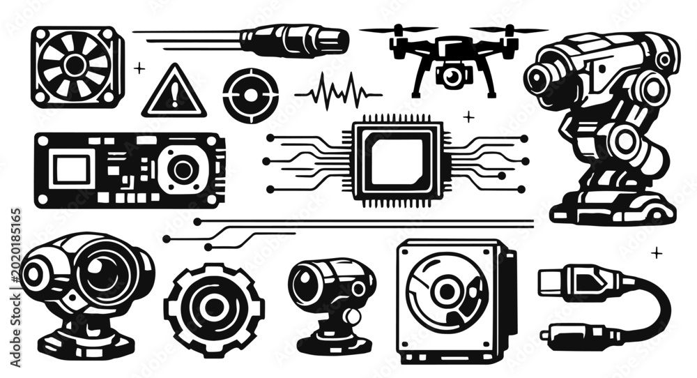 Obraz premium Cyberpunk Hardware Technology Set Futuristic Robot Drone Circuit Vector Collection