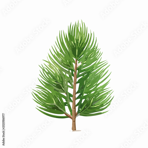 A vibrant green pine tree stands alone in a serene natural setting with lush foliage and a sturdy trunk.