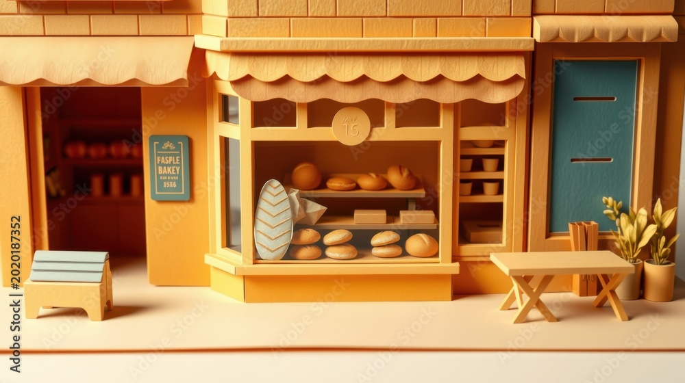 Fototapeta premium Warm bakery storefront. Simple design, wooden textures, inviting display. Light glows from within, creating cozy atmosphere.