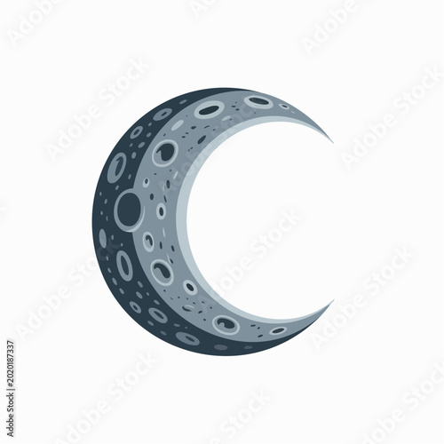 The crescent moon showcases craters and phases in a detailed illustration.
