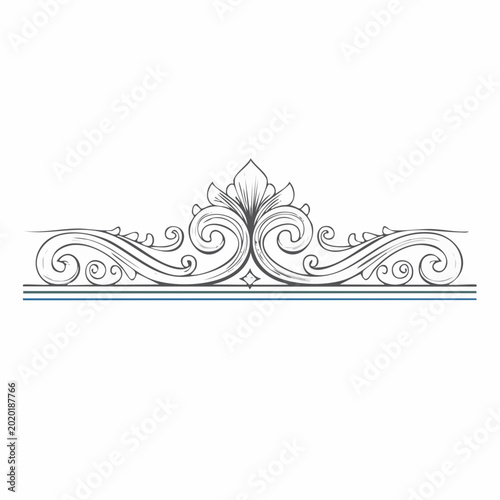 An intricate line drawing of a decorative floral design with swirling patterns and lines on a plain background.