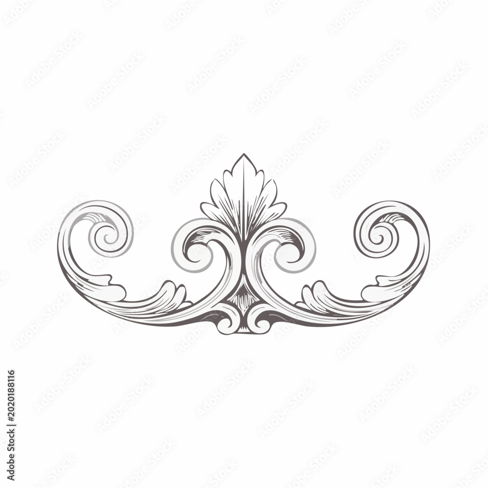 Fototapeta premium An ornate illustration of a decorative design element featuring swirling patterns and a central leaf motif on a white background.