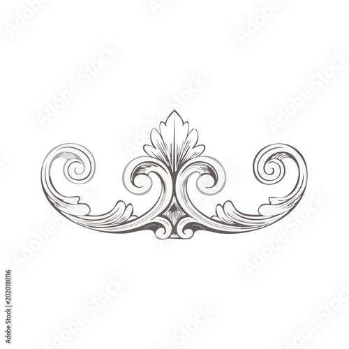 An ornate illustration of a decorative design element featuring swirling patterns and a central leaf motif on a white background.