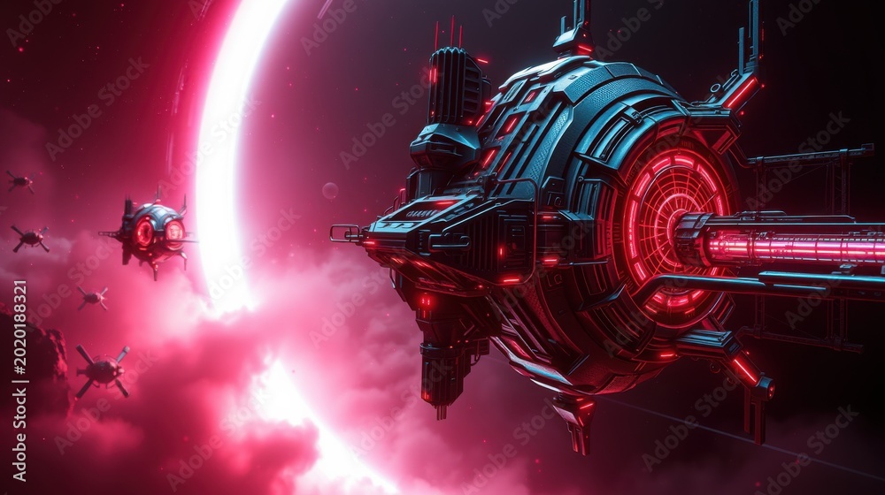 Fototapeta premium Futuristic spacecrafts orbit planet. Red glow illuminates clouds, stars. Dramatic space scene evokes exploration, conflict.