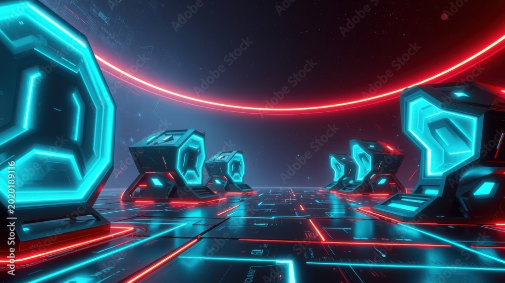 Fototapeta premium Futuristic space. Glowing neon lines create digital corridor. Dark background emphasizes bright structures. Minimalist design.