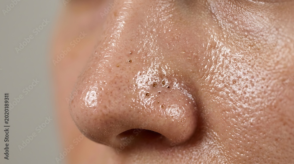 Fototapeta premium Detailed close-up of human nose with visible blackheads and enlarged pores on oily, shiny skin, highlighting common facial imperfections and skinca...