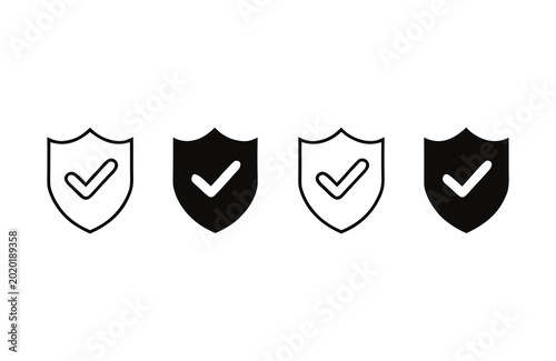 Shields with checkmarks in outline and solid styles during security concept Isolated on white background