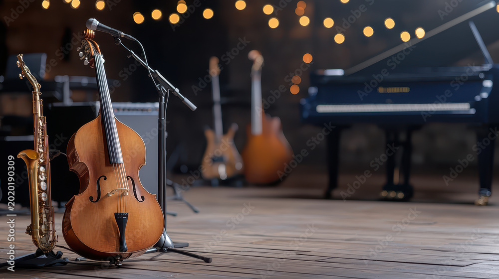Fototapeta premium Classic jazz club scene featuring vintage cello, saxophone, and grand piano, creating warm and inviting atmosphere for music lovers