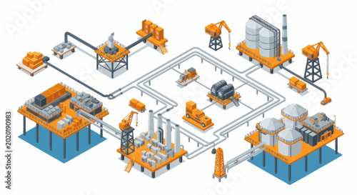 Industrial complex with interconnected processing units and pipelines.
