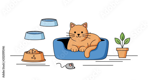 Cute orange cat relaxing in blue pet bed with food and water bowls, toy mouse, and plant.