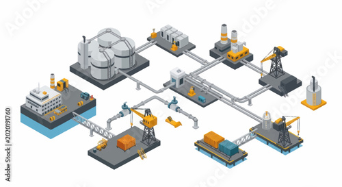Industrial complex with oil rig and refinery connected by pipelines.