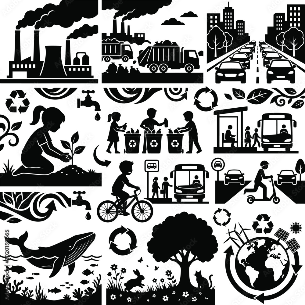 Obraz premium ecology and pollution icons set black and white vector illustration