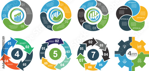 Big colorful Circle arrows diagram infographic set. Circle arrows diagram. Circular arrows with 2-7 steps, options. Circular arrows with 4 steps. vector eps