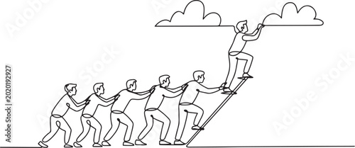 Foto One continuous line drawing of team members support their leader to climb the ladder to reach the sky to reach the success