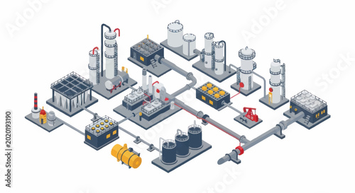 Foto Modern industrial complex with interconnected pipelines and storage tanks