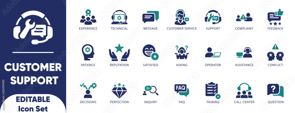 Naklejka premium Customer Support Icon Set. asking, assistance, call center, complaint, decision, explaining, faq, feedback, help, and solid icons.