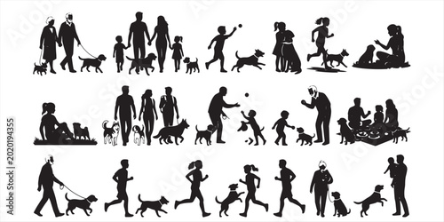 Quadro su tela Group people all ages activities with dogs vector silhouette set collection