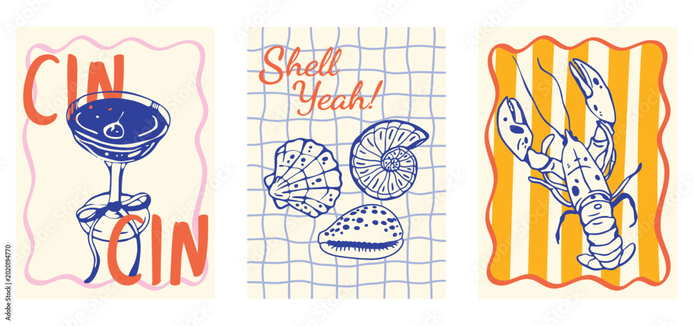 Εκτύπωση καμβά Set of trendy coastal summer posters in retro doodle style