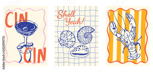 Εκτύπωση καμβά Set of trendy coastal summer posters in retro doodle style