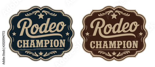 Foto Rodeo champion cowboy belt buckle emblem featuring bull rider medal ornate typog
