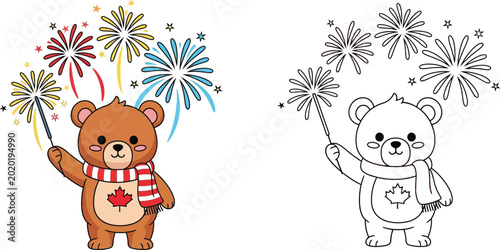 Cute Canadian Bear with Fireworks and Sparkler Canada Day Illustration Color and Line Art Versions for Coloring