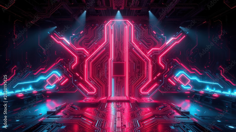 Fototapeta premium Futuristic interior. Neon lights illuminate complex circuit patterns. Dark room creates dramatic visual effect. Symmetry dominates design.