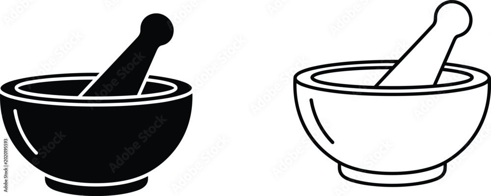 Εκτύπωση καμβά Pharmacy mortar and pestle vector icon set with solid black silhouette and minimalist outline style isolated on white background