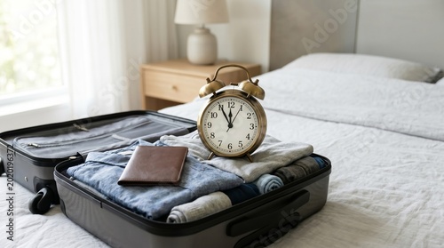 An alarm clock resting on packed clothes inside an open suitcase for Last minute travel preparation.