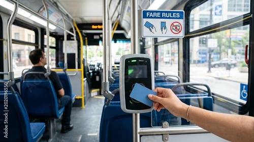 A person tapping a smart card on a validator inside a bus according to Fare rules, a photo for city transit guides.