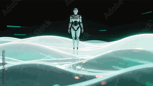 Futuristic robot standing on glowing turquoise waves in dark digital landscape.