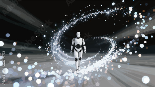 Futuristic robot walking through swirling white sparkles and light trails.