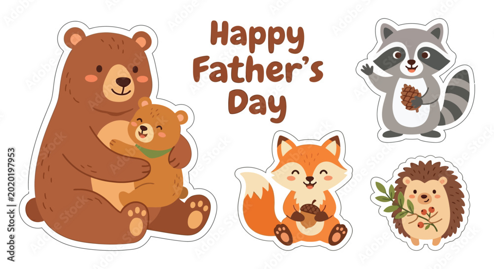 Obraz premium Cartoon animal illustrations with happy father s day text stickers