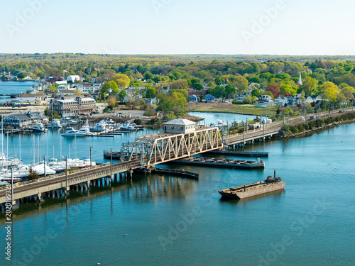 Tableau sur toile Mystic River Railroad Bridge daytime view, a clear, bright aerial drone shot cap