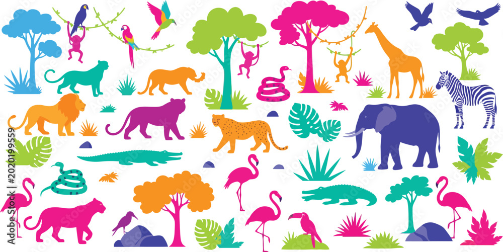 Obraz premium Vibrant colorful jungle animals and plants illustration on white background