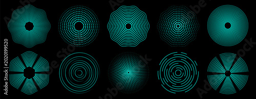 Set of futuristic circular elements composed of glowing cyan spirals, concentric lines, and halftone dots