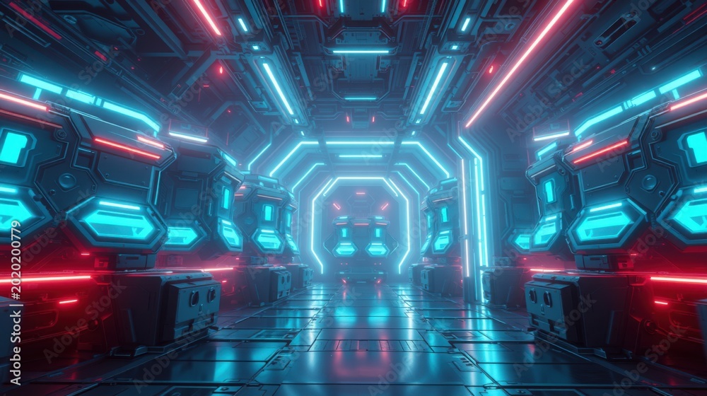 Fototapeta premium Futuristic corridor. Blue, red lights illuminate metallic walls. Sleek design suggests spaceship interior, technology focus. Dark ambiance creates dramatic effect.