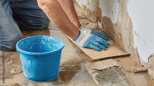 Construction worker applies mortar to a wall during a home renovation project.