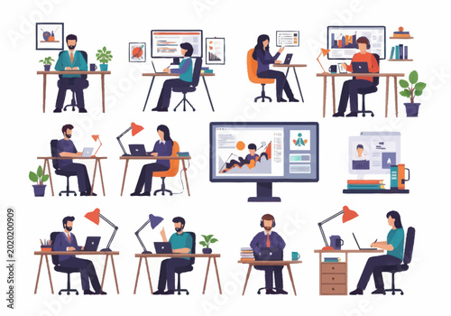 Diverse people working remotely at home offices.