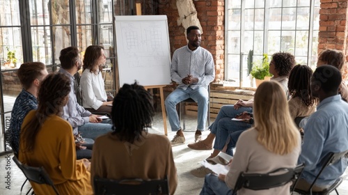 Diverse group of professionals gathers in a sunlit industrial office for a business workshop led by a male mentor.